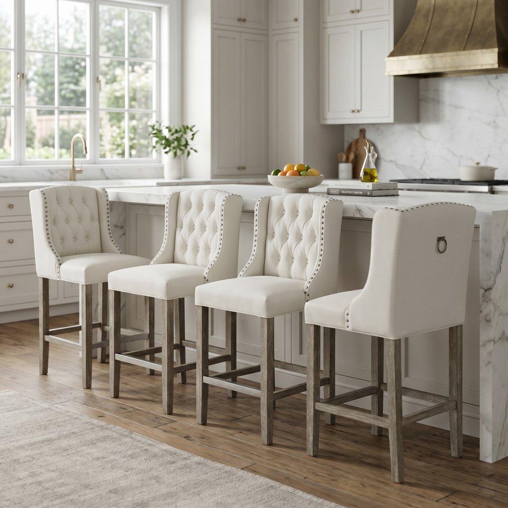 Set of Four Off-White Tufted Counter Stools