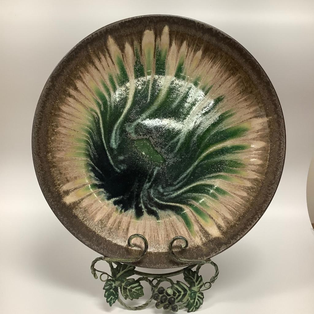 Beautiful Studio Pottery Plate with Stand 
Greens/Creams 