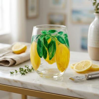Hand Painted Lemon Stemless Wine Glass