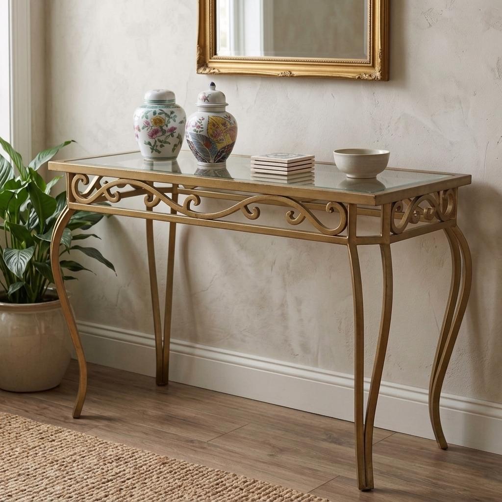 Gold Scrollwork Glass Top Console Table