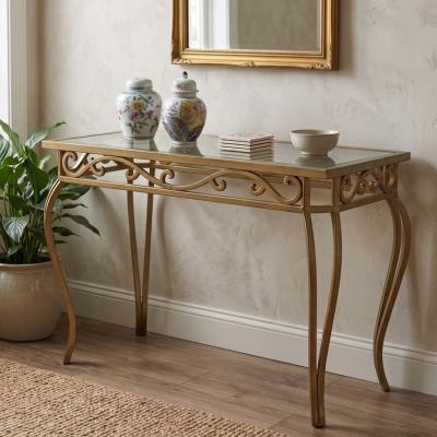 Gold Scrollwork Glass Top Console Table