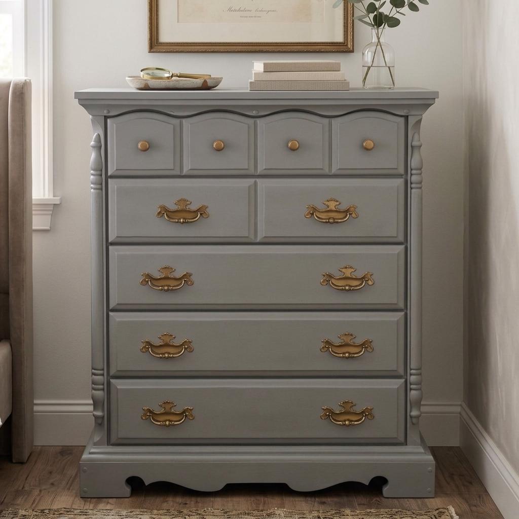 Painted Gray Five-Drawer Tall Chest
