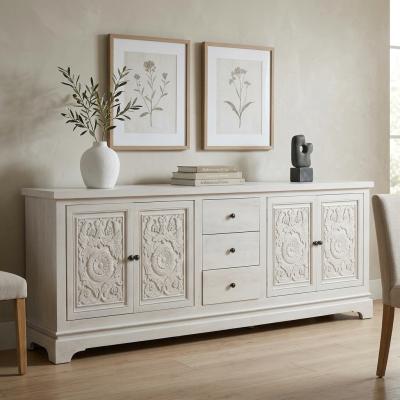Whitewash Carved Solid Mango Wood Sideboard