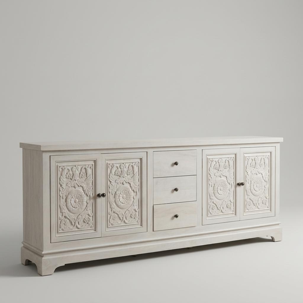 Whitewash Carved Solid Mango Wood Sideboard