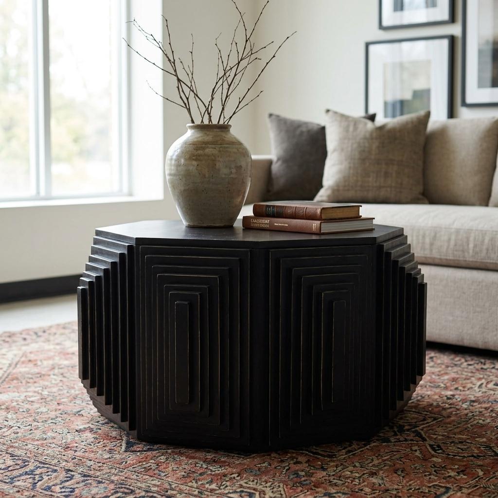 Black Octagonal Solid Mango Wood Coffee Table