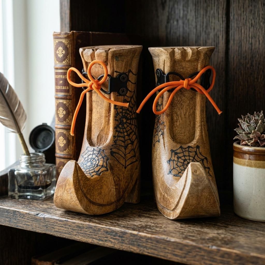Carved Wooden Witch Boots, Set of 2