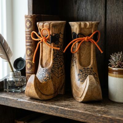 Carved Wooden Witch Boots, Set of 2