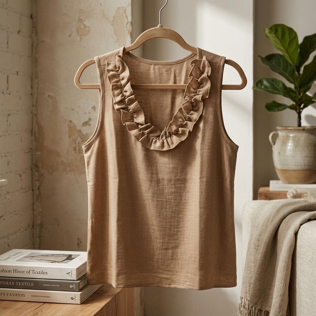 Khaki Ruffled Scoop Neck Top