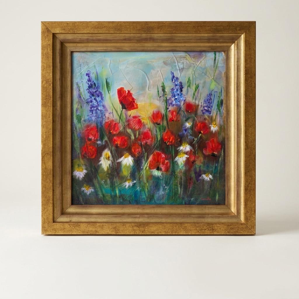 Framed Poppies and Daisies Acrylic Painting