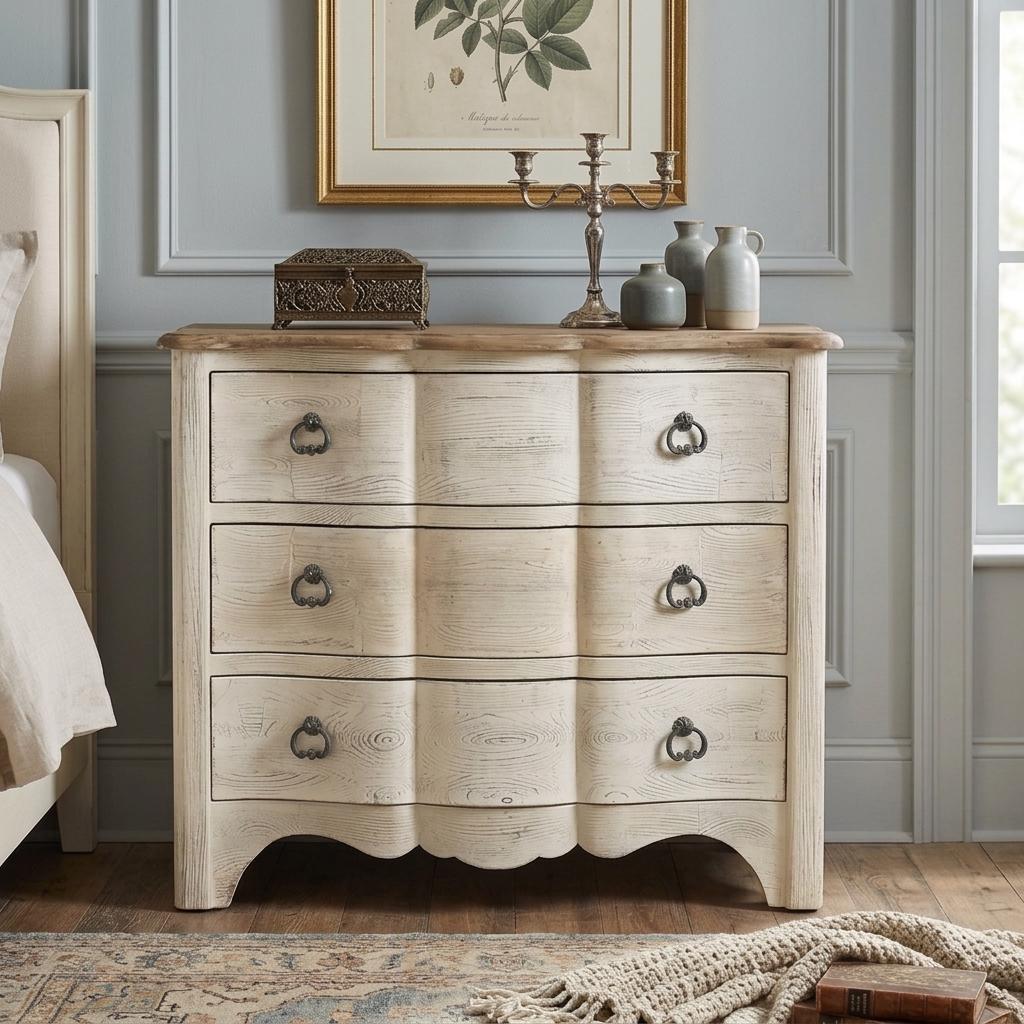 Distressed Cream Serpentine Three-Drawer Chest