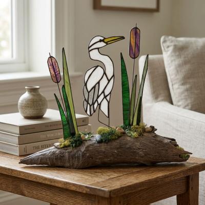Stained Glass Egret Driftwood Sculpture