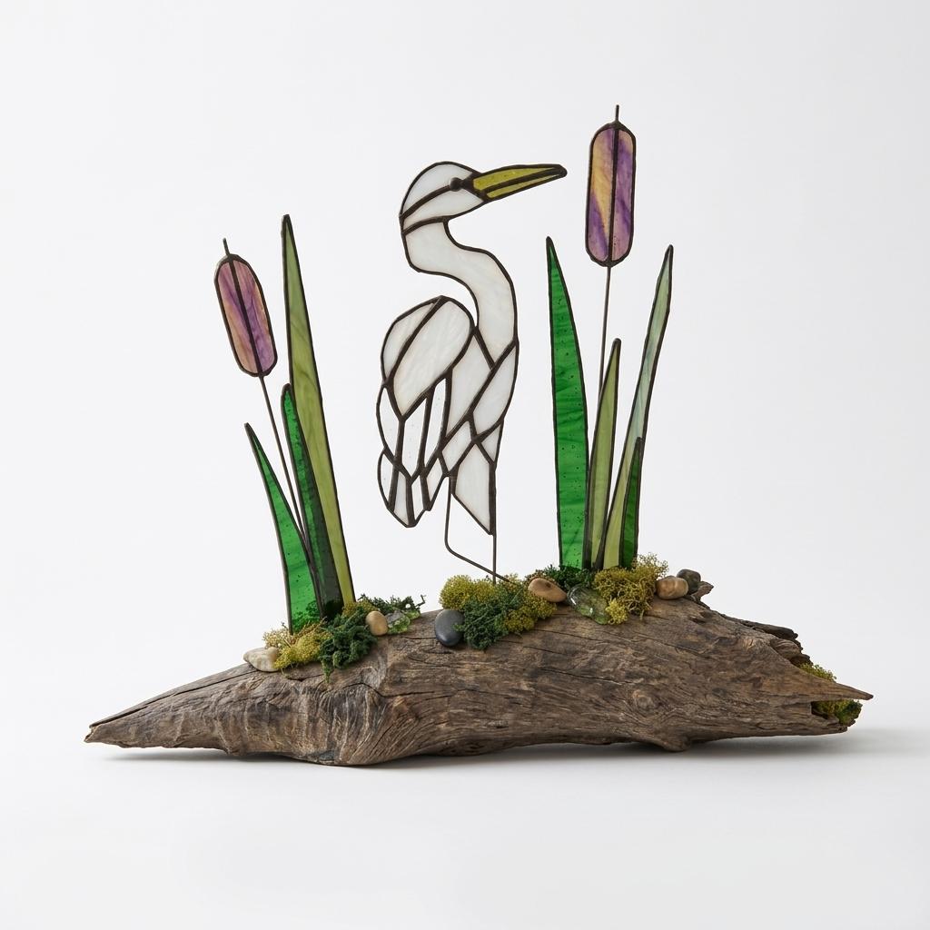 Stained Glass Egret Driftwood Sculpture