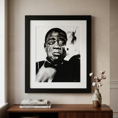 Louis Armstrong Framed Charcoal Drawing
