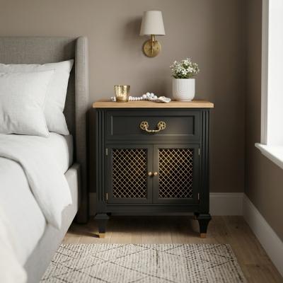Black Mesh Nightstand with Wood Top