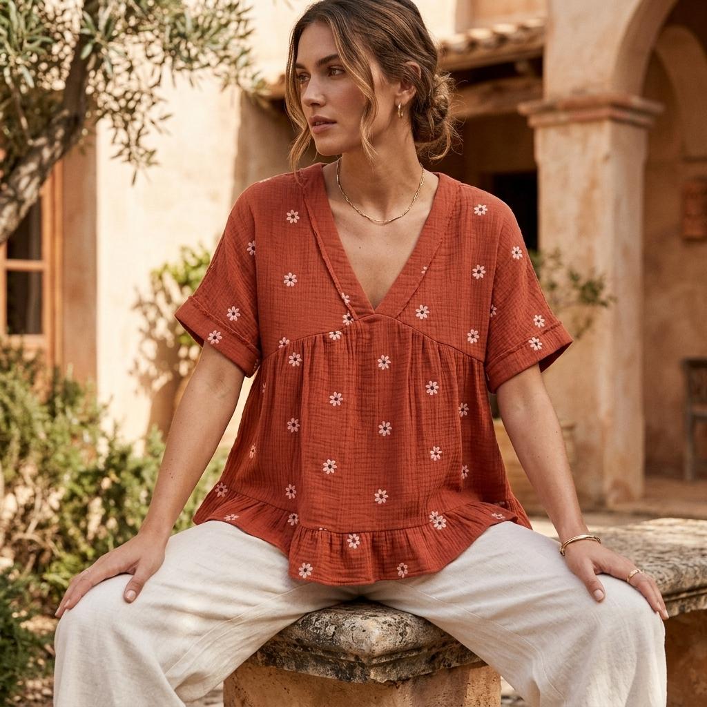 Rust Embroidered Cotton Peplum Top