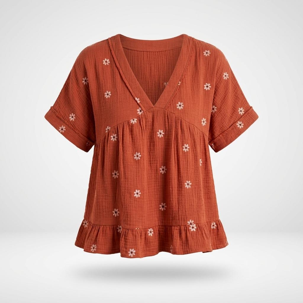 Rust Embroidered Cotton Peplum Top