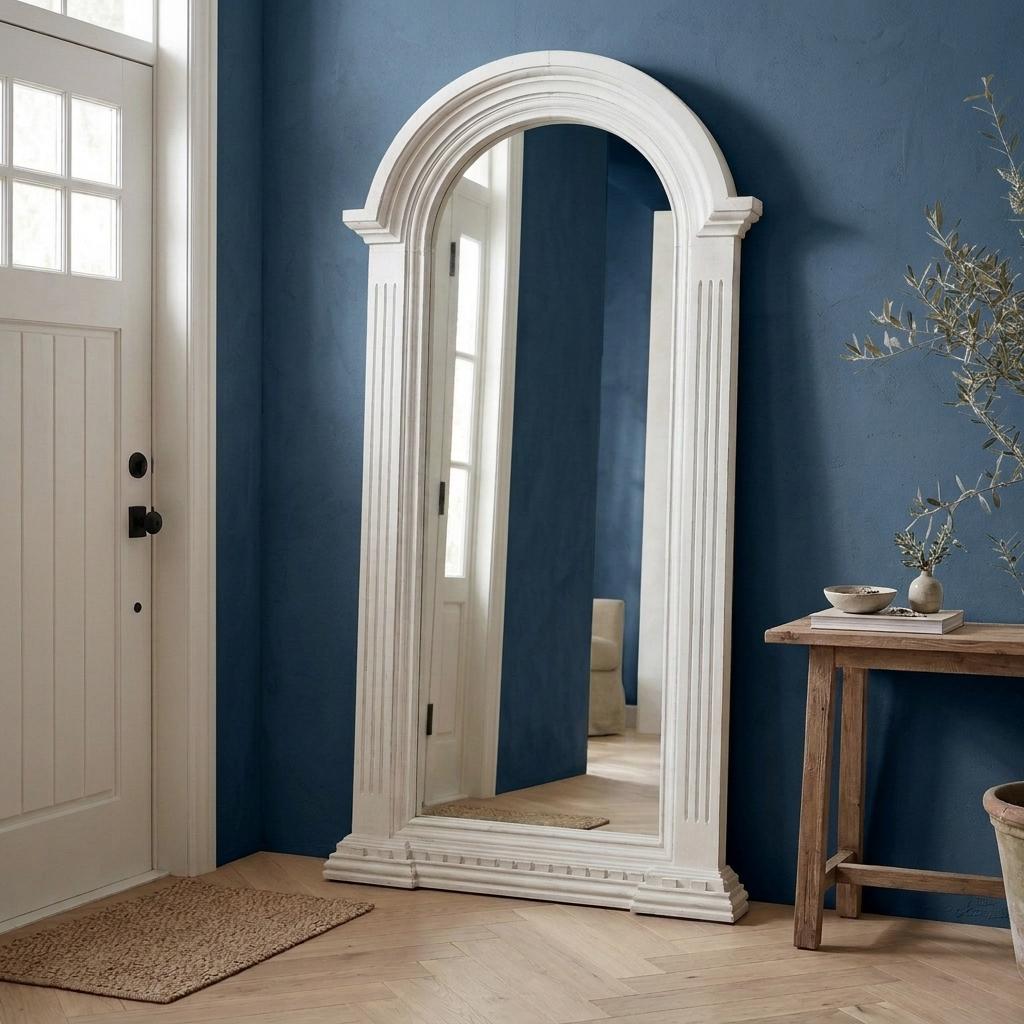 Architectural Arched White Wood Floor Mirror